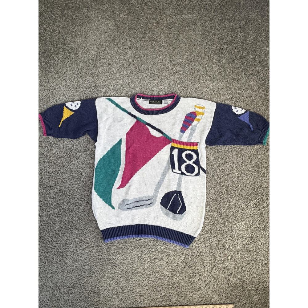 LINKSPORT Sweater Womens M White Golf Knit Pocket Pullover Colorblock Graphic